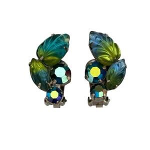 Givre Molded Rhinestone Earrings Mid Century Green Blue Clip VTG Gorgeous D1723